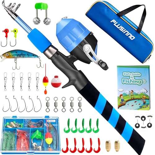 PLUSINNO Kids Fishing Pole, Portable Telescopic Fishing Rod and Reel Combo Kit - with Spincast Fishing Reel Tackle Box for Boys, Girls, Youth - color: BLUE, size: 4.92 ft