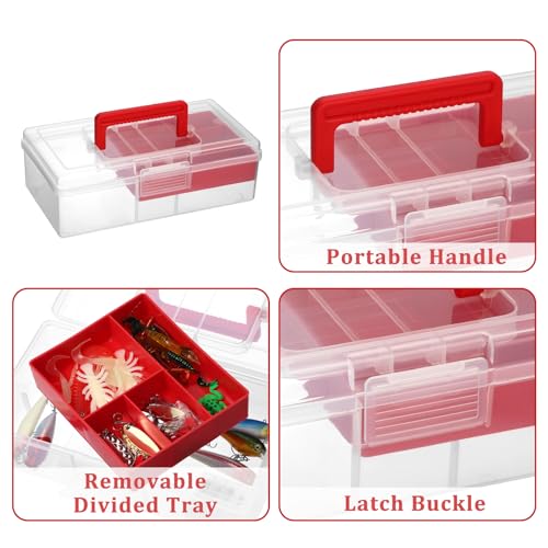 JUXYES Plastic Fishing Tackle Box Organizer with Removable Dividers, Clear Fishing Tackle Storage Boxes with Handle, 2 Layer Fishing Tackle Tray Box Lure Box, Red - color: Red
