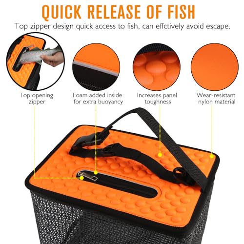 Dovesun Floating Fishing Basket, Collapsible Fish Basket Portable Fishing Net Quick-Drying Rubber Coated Fishing Bait Storage Cage 3.5-10 Gallons - color: Oragne-11*8.5*9in, size: 3.5Gallons