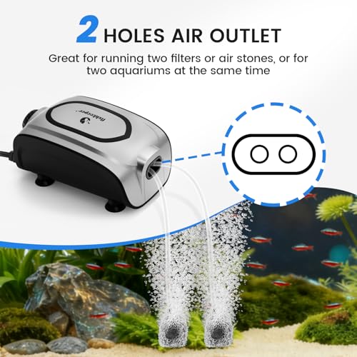 fishkeeper Quiet 3W/5W Aquarium Air Pump - Small & Powerful Dual Outlet Fish Tank Air Pump, Adjustable Oxygen Aerator Pump with Air Stone Bubbler Kits for 1-160Gal Fish Tanks (Silver-Gray, 2026 New) - color: Silver Gray, size: 5W for 1-160 Gallon