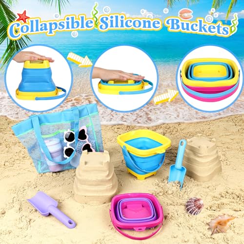 Collapsible Beach Buckets for Kids, 2 Packs Foldable Sand Buckets and Shovels with Mesh Beach Bag, Silicone Sand Pails for Toddlers Beach Toys, Easter Egg Hunt, Camping, Travelling, Fishing Water Pail - style: 2 Buckets