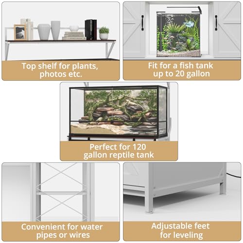 VOWNER Farmhouse Reptile Tank Stand with Power Outlet, 48" X 24" Tabletop Fits up 120 Gallon Bearded Dragon Tank, Heavy Duty Aquarium Stand with Storage Cabinet, Reptile Turtle Terrarium Stand White - color: White + Walnut