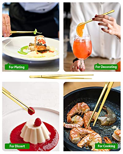 4 Pcs Fine Long Tweezer Tongs Professional Gold, 12'' and 10'' Stainless Steel for Kitchen, Food, Cooking, Repairing, Sea food and BBQ - color: Gold