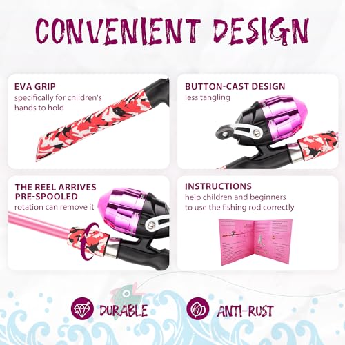 Kids Fishing Pole, Portable Telescopic Kids Fishing Poles for Boys and Girls, Fishing Rod and Reel Combo Kit with Tackle Box, and Fishing Net, Best Fishing Pole for Toddler Youth - color: PINK