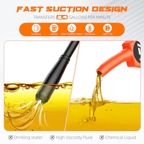Portable Fuel Transfer Pump, Battery Powered Siphon Pump for Gasoline, Fuel, Gas, Diesel, Water Transfer, 3.0 GPM Flow Oil Extractor with Powerful Suction Ergonomic Nozzle 39 Inches Hose
