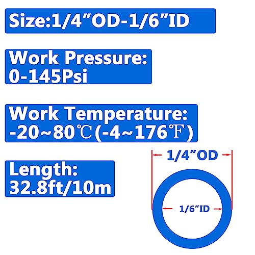 Pneumatic 1/4” OD Tubing 32.8Ft PU Air Tube Hose Pipe for Air Line or Water Transfer (1/4 inch 10M Blue) - color: Blue, size: 1/4"OD-32.8ft