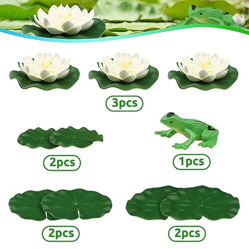 10pcs Artificial Floating Foam Lotus Flowers with Artificial Frog Lotus Leaves, Lily Pads for Lake, Pond Plants Ornaments for Pool Aquarium Water Decoration, White