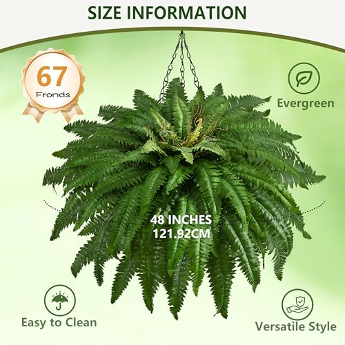 48In Artificial Boston Ferns Bush, Set of 2 Large Faux Ferns Plants, 67 Branches Fake Ferns for Home Living Room Decor, Indoor and Outdoor - size: 2 PCS-48"
