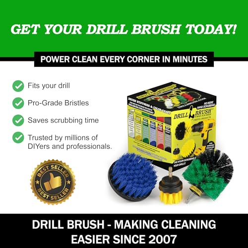 Drillbrush Medium Drill Brush Attachments for Cleaning Tile, Grout, Dishes, Pots, Pans, Air Fryers, and Boat Hulls - Cordless Power Spin Scrubber Drill Attachment - Electric Dish Scrubber Spin Brushes - color: Yellow, Green, Blue, size: 2in, 4in, 3.5in co