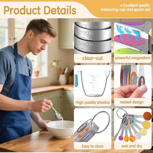 Magnetic Measuring Cups and Spoons Set, 5 Stainless Steel Measuring Cups, 7 Magnetic Measuring Spoons & 1 Leveler, 3 Plastic Measuring Cup with 1 Measuring Conversion Chart - color: Silver