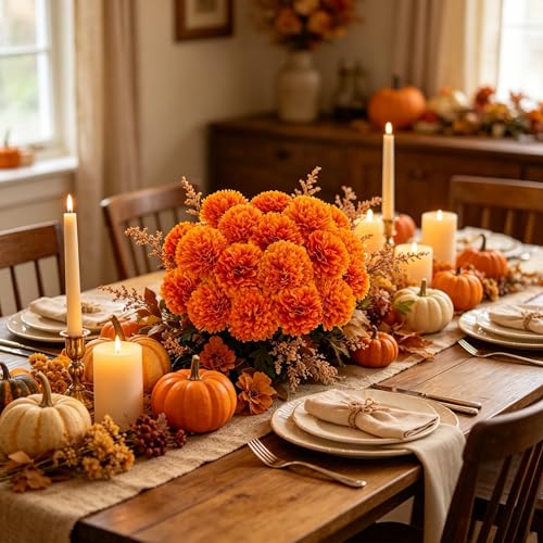Kimura's Cabin 20Pcs Orange Chrysanthemums Artificial Flowers Silk Faux Mums with Stem Balls Flowers for Halloween Thanksgiving DIY Bouquets Arrangement Home Table Centerpieces Decor Vase Fillers - color: Orange Yellow