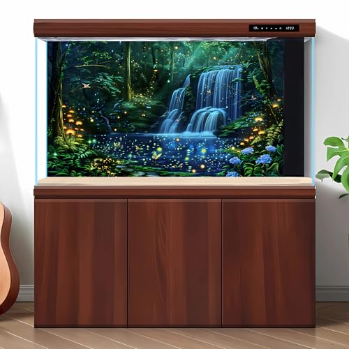 Waterfall Aquarium Background Enchanted Fantasy Forest Shimmering Fireflies Fish Tank Background Majestic Tranquil Lake Stream Reptile Tank Backgrounds Neon Lights Fish Terrarium Backgrounds 24x12in - color: Green_Blue, size: 24(W)x12(H)inches/ 60(W)*30cm