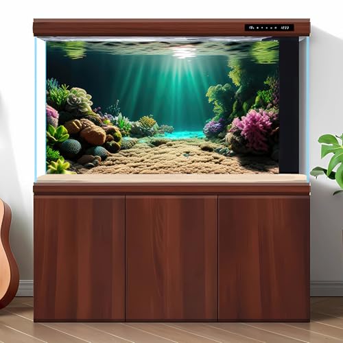 Underwater Scene Aquarium Background Under The Sea Coral Reefs Fish Tank Background Ocean Sunray Seabed Sand Rocky Outcrops Terrarium Backgrounds Tropical Sea Marine Life Tank Backgrounds 24x12in - color: Green_Brown, size: 24(W)x12(H)inches/ 60(W)*30cm(H