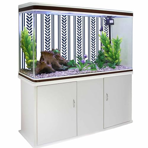 Navy Blue Botanical Aquarium Background 16x36 Inch Self-Adhesive Fish Tank Decorations, Modern Farmhouse Striped Decorative Fish Tank Background Polyester Aquarium Decor Poster - color: Blue, White, Navy, size: 16x36in