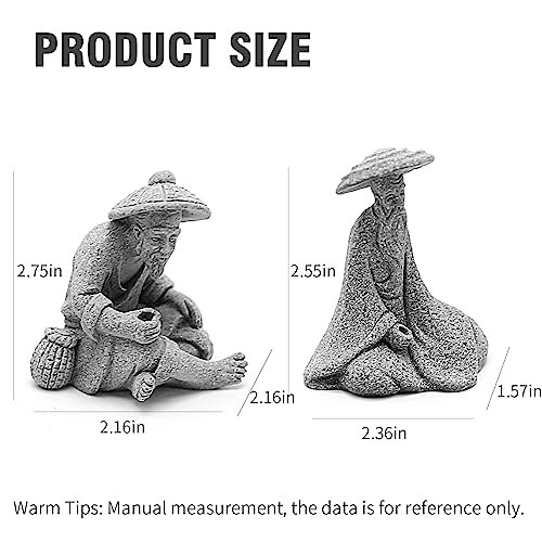 2PCS Sitting Fishing Figurines Sandstone Vintage Ornament Japanese Decor for Fish Tank Pot Garden Home Aquarium Mini Fisherman Statue Asian Zen Decoration - size: Medium Size