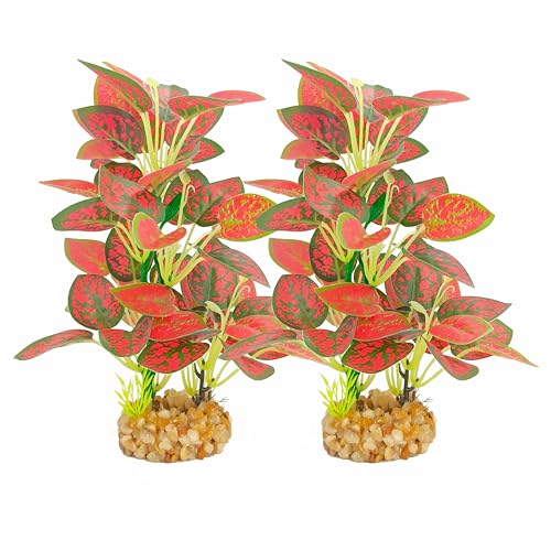Silk Aquarium Plants (2-Pack), 9.8-inch Artificial Aquarium Silk Plants— Simulated Fish Habitat Decor, Safe Silk Plants for Aquariums Fish Fishbowl (Red) - color: Red&green
