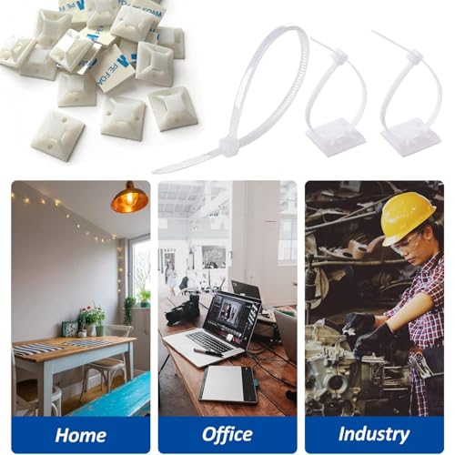 Strong Back-Glue Self Adhesive Cable Zip Tie Mounts Kit - 50 Set Cable Management Clips with 6" Zip Ties, Wire Holders - Outdoor Sticky Wire Organizer Clips-Black (50 Set, White) - color: White, size: 50 Set