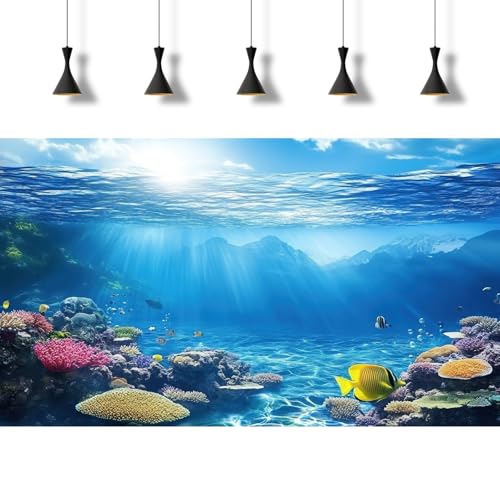 Under The Sea Aquarium Background Underwater Scene Coral Reefs Fish Tank Background Diverse Marine Life Sunlight Seascape Terrarium Backgrounds Tropical Undersea View Aquarium Tank Backgrounds 24x12in - color: Bright Blue, size: 24(W)x12(H)inches/ 60(W)*3