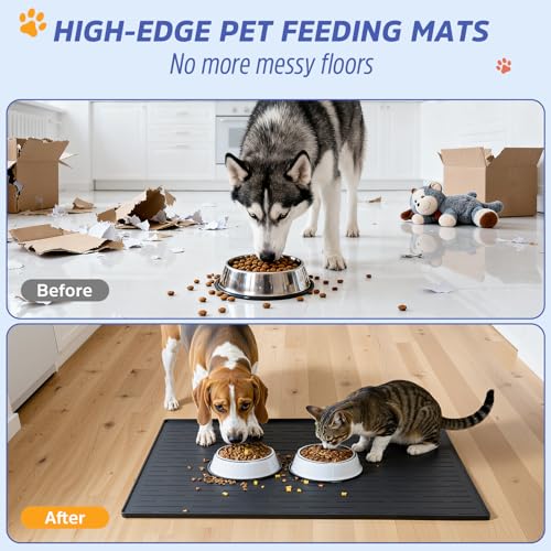 Large Dog Mats for Food and Water, 32"x24" Waterproof Pet Food Mats for Floor Nonslip Silicone Bowl Mats with Raised Edges - color: Black, size: 32"L x 24"W
