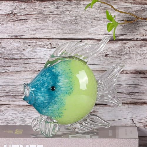 QIANLING Glass Fish Figurines - Coastal Home Decor, Modern Ocean Centerpieces for Living Room, Dining Area, Bathroom, Office, Coffee Table, Beach House, Nautical, Seaside, Entrance, Shelf Display - color: Blue & Green Fish