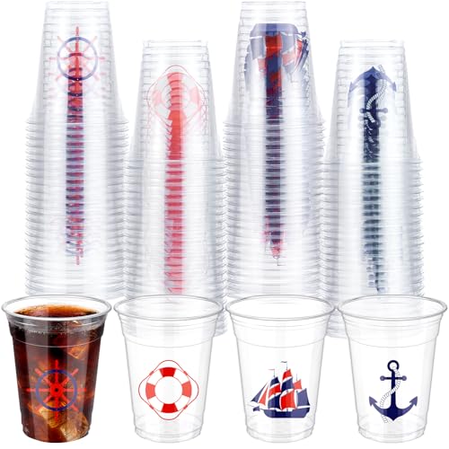 Qinyoung 100 Pcs Nautical Disposable Plastic Cups 12 oz Anchor Theme Blue Clear Party Cups Cold Beverage Drinking Container for Nautical Ocean Theme Birthday Party Supplies - style: Nautical