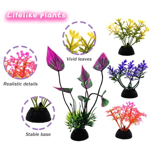 SLOCME 25 PCS Aquarium Plants & Rock Cave Decorations Set – Colorful Fish Tank Plastic Plants Ornaments with Resin Rock Hideout, Realistic Aquarium Decor Accessories for Freshwater & Saltwater Tanks