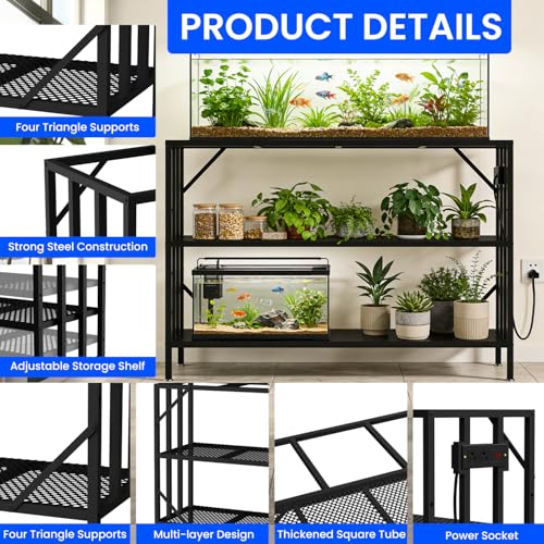 55-75 Gallon Aquarium Stand with Built-in Power Outlet, Heavy Duty 3 Tier Fish Tank Stand with Adjustable Storage Shelf, Metal Frame Holds 1000 LBS, Stable Anti-Slip Design (75-55 Gallon with Power Outlets)