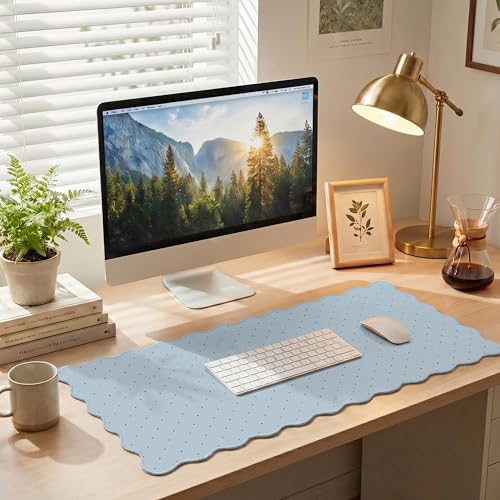 Cute Blue Scalloped Desk Mat with Polka Dot Large Mouse Pad Computer Mat Aesthetic Keyboard Mat for Desktop Laptop Protector for Office & Home - color: A6- Blue