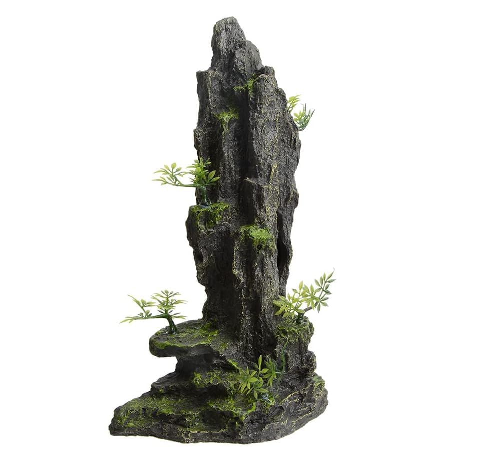 AnRui Aquarium Decorations Large and Tall Mountain View Stone Betta Hideout Fish Tank Accessories Decor Cute Tree Rock Cave Landscape for Turtles, Fish to Play, 14.4inch - size: 8.07" x 4.92" x 14.4"