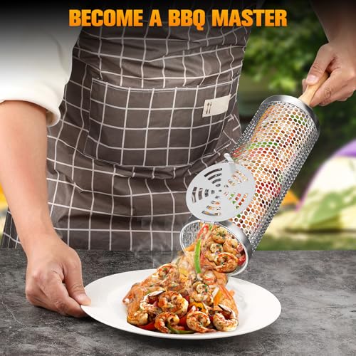 Rolling Grill Baskets,2 Pcs Nesting Grilling Net with Removable Wooden Handle,BBQ Accessories Tools for Vegetables Shrimp,Outdoor Camping Barbecue Rack,Gifts for Men Dad (Round) - size: Round