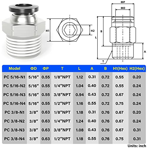 TAILONZ PNEUMATIC Male Straight 3/8 Inch Tube OD x 1/2 Inch NPT Thread Push to Connect Fittings PC-3/8-N4 (Pack of 20) - size: 3/8"OD x 1/2"NPT