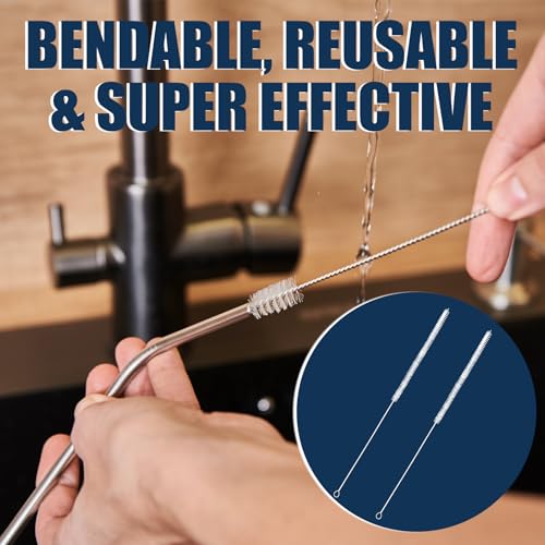 Podoy Straw Brush Pipe Cleaner with 18" Long White Nylon Bristle Wire Stainless Steel Cleaning Pipe Straw Brush (Pack of 2)