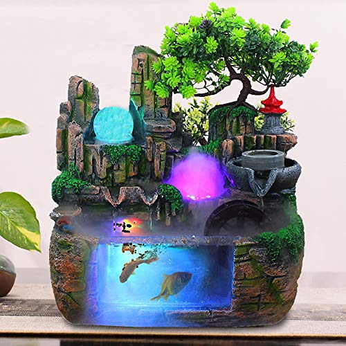 DNYSYSJ Tabletop Waterfall Fountain with Rockery, Mini Silent Indoor Ornament Desk Water Fountain Desktop Simulation Resin with Atomizer LED Small Fish Tank for Office Bedroom Home Decor Windmill