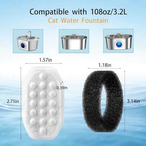 48 Pack 3.2L Cat Water Fountain Filters,Pet Fountain Filter Replacement Compatible With Rellaty & Neareal Stainless Steel 108oz/3.2L Pet Water Fountains (24 Filters/24 Sponges)