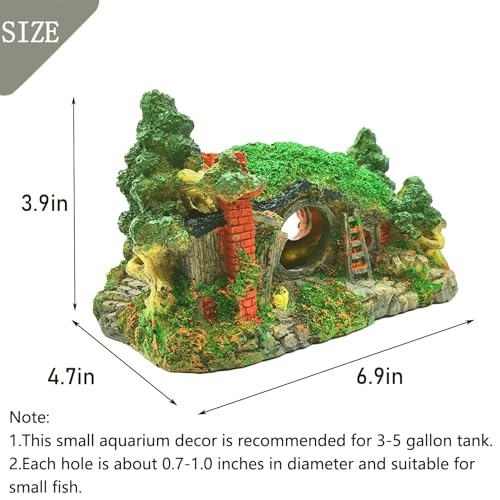 Tfwadmx Fish Tank Hobbit Decorations,Resin Small Fish Cave Hideout House,Aquarium Decor Hide Hole Shelter Castle Hut Ornaments Mini Garden Decorating Accessories - color: Green-6.9 X 4.7 X 3.9 Inches