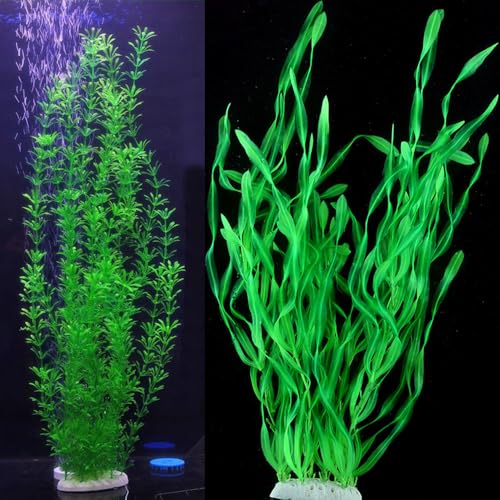 2 Pack Aquarium Decor Artificial Seaweed Water Plants, Extra Large 23.6 Inches Fish Tank Plastic Plants, Tall Fish Tank Decorations with a Aquarium Diver Ornament (Green) - color: Green