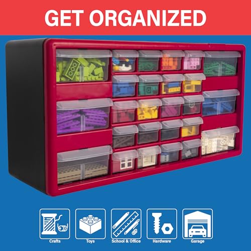 Akro-Mils 26-Drawer Plastic Drawer Storage Cabinet for Garage Organization, Bead Organizer, Building Bricks Storage, Teacher Toolbox, Makeup Organizer, 20" W x 6" D x 10" H, 10126 Red - color: Red, size: 26 Drawer, style: 1 Pack