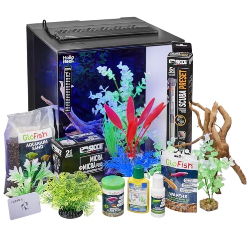 HelloReef 15 Gallon Glofish Complete Freshwater Aquarium Kit with App Controlled Smart LED Lighting, Filtration, Glofish Decor, and Guided Online Learning Center