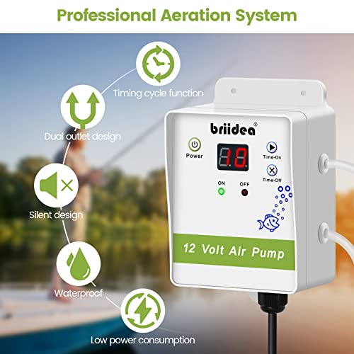 briidea Aerator for Bait Bucket, 12 Volt Livewell Aerator Pump System with Adjustable Pump Timing Cycle Function, Dual Outlet Aerator for Boat Bait Tank and Livewell, Keeps Bait Fish Alive