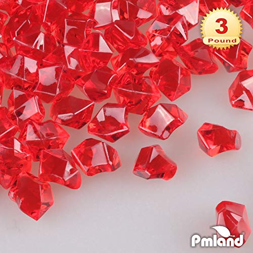 PMLAND Clear Fake Ice Rocks – 550 Pcs Large Red Acrylic Gems Crushed Plastic Diamonds, 3 Lbs / 2.25 Quarts Bulk Vase Filler for CenterpiecesWedding Theme Décor Aquarium Table Scatter - color: Red