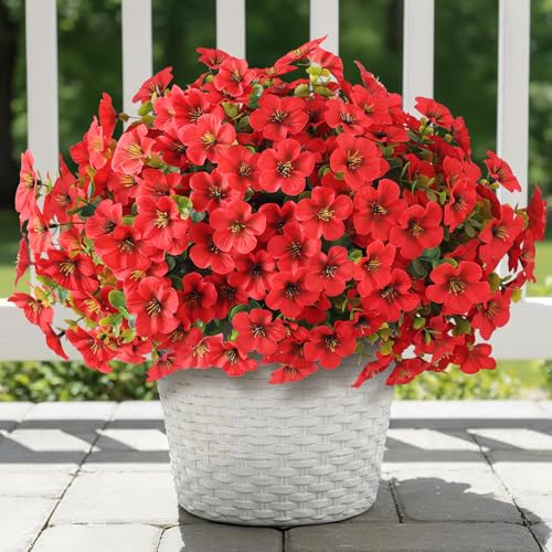 VIERENA 12 Bundles Artificial Flowers and Eucalyptus for Outside, Sun Resistant Silk Fake Morning Glory with Faux Eucalyptus Plants for Garden Porch Farmhouse Home Spring Summer Decor (Red) - color: Red