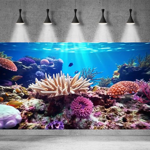 Underwater World Aquarium Background Sea Urchin Coral Reef Teeming with Marine Life Terrarium Background Deep Ocean Tropical Marine with Sunbeams Fish Tank Backdrop Poster Decor Vinyl 24x12in - color: Reef Brown, size: 24(W)x12(H)in