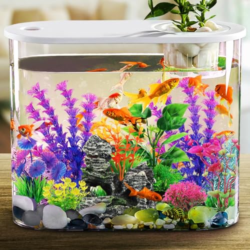 QUOZUO Fish Tank Accessories Aquarium Decorations Plants, 9pcs Colorful Fish Tank Artificial Plants and Cave Rock Decor Set, Aquarium Decor Plastic Plants