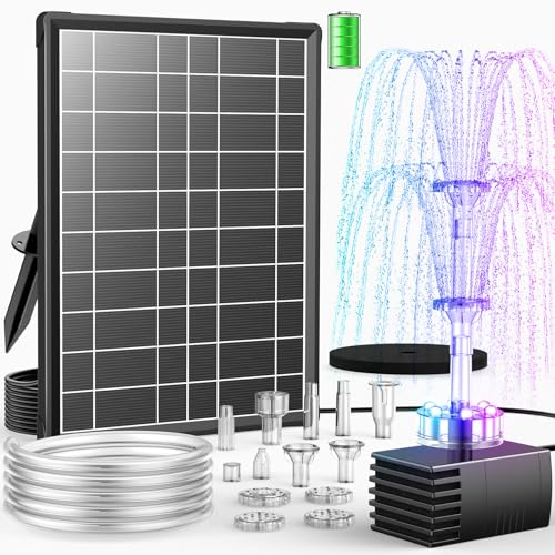 Antfraer 8W Solar Fountain Pump Built-in 3600mAh Battery & LED Lights, Solar Powered Water Pump with Double-Layer Nozzle & 5ft Tubing, Solar Water Fountain For Bird Bath Pond Garden DIY Water Features - size: 8W