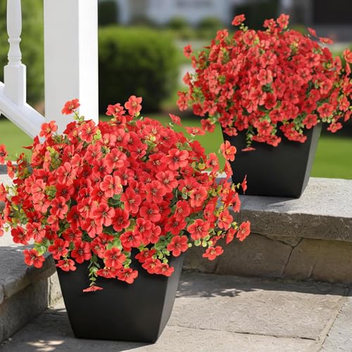 VIERENA 12 Bundles Artificial Flowers and Eucalyptus for Outside, Sun Resistant Silk Fake Morning Glory with Faux Eucalyptus Plants for Garden Porch Farmhouse Home Spring Summer Decor (Red) - color: Red