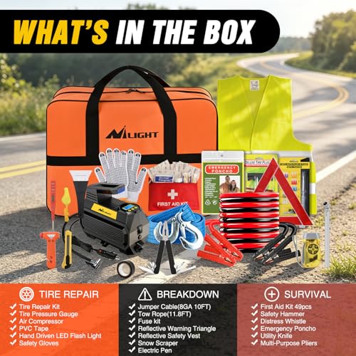 Nilight Car Emergency Kit with Jumper Cable, First Aid Kit Safety Assistance Tools for Travel Camping Outdoor Cars Truck SUV RV, Roadside Essentials with Flash Light - color: Essential Kit+Digi Air Compressor+Tire Fuse kit