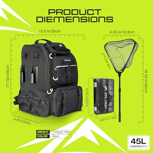 Waterproof Fishing Backpack with Tackle Boxes, Rod Holder & Foldable Net - 45L Fishing Tackle Bag with Trays Included, Extra Storage Gear and Equipment, Rain Cover, Fisherman Gift for Men - color: Large (45 L) - Black