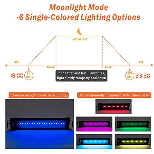hygger Auto On Off LED Aquarium Light Dimmable 7 Colors Full Spectrum Fish Tank Light Fixture for Freshwater Planted Tank Build in Timer for 36-42 Inch Long Aquariums - size: 36"-42"