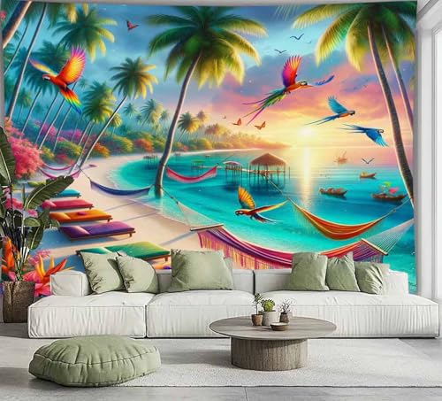 FENDROM Fantasy Colorful Ocean Beach Tapestry Wall Hanging Tropic Paradise Coconut Palm Tree Hawaiian Sea Wave Cool Seaside Sunset Waves Wall Decor For Dorm Bedroom Living Room - color: Colorful, size: 79"L x 59"W