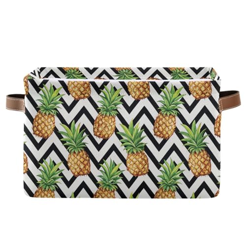 Pineapple Pattern Storage Basket Bin, Large Cube Storage Box Canvas Collapsible Storage Organizer for Home Office Closet - 15 L x 11 W x 9.5 H - color: Pineapple Pattern, size: 1 PCS